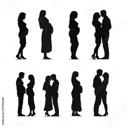 Silhouettes of pregnant women and couples expecting a baby in various stages