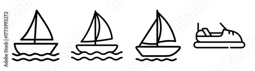 Simple line art icons of sailboats and a bumper car on water