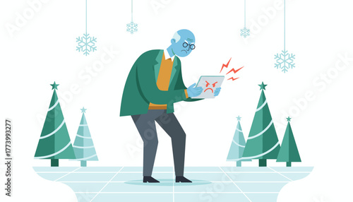 Frustrated senior man facing technology issues on a tablet during the winter holiday season