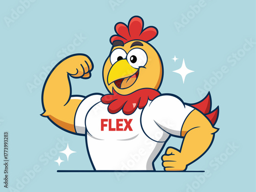 Muscular cartoon chicken character flexing biceps wearing a white t shirt with the word flex
