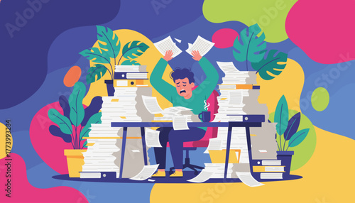 Stressed worker buried under massive paperwork piles symbolizing heavy workload and office burnout