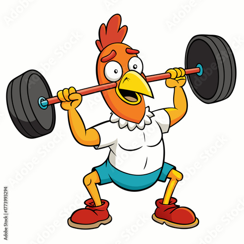 Cartoon rooster with bulging muscles enthusiastically lifting a heavy barbell during an intense weightlifting workout session