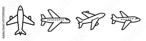 Four diverse airplane icons representing aviation and travel concepts flying across the sky