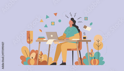 Overwhelmed remote worker battling stress and burnout in a stylized autumn environment illustration