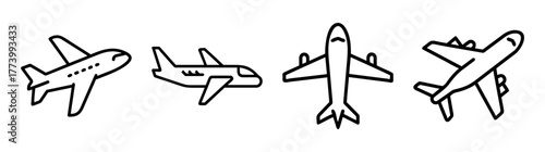 Set of four distinct airplane icons in simple line art style perfect for travel themes