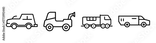 Collection of line art vehicles including car tow truck fire truck and van