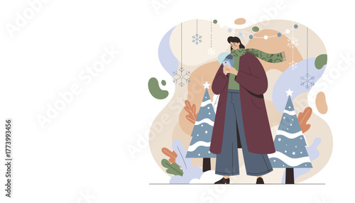 Person checks phone outdoors amidst winter festive decor Christmas trees and snowflakes