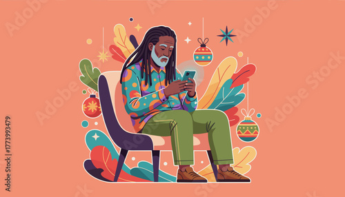 Stylish senior man using smartphone surrounded by colorful holiday decorations and tropical leaves