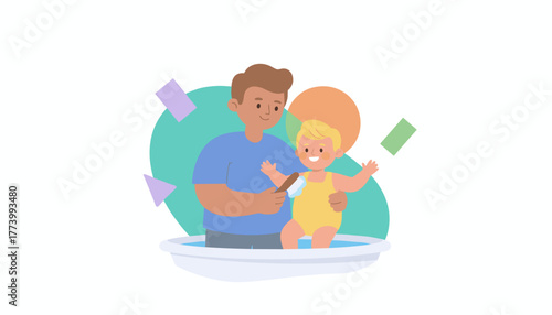 Loving father giving baby a bath Happy family bonding time illustration