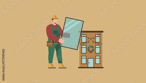 Professional worker replacing glass on a building decorated for the Christmas holidays