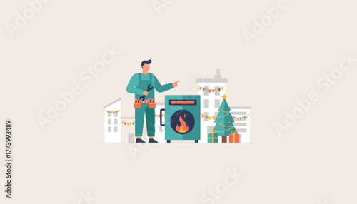 HVAC technician ensuring winter comfort with boiler repair amidst holiday festivities