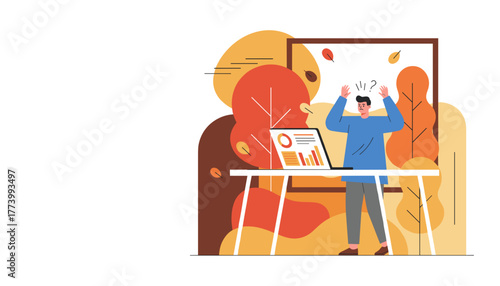 Confused worker stressed by poor business results and complex data analysis