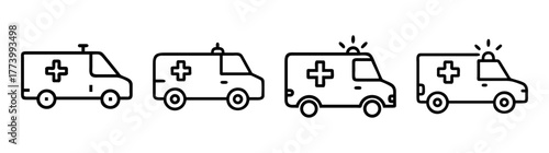 Set of four line art ambulance icons with red cross emblems and flashing lights