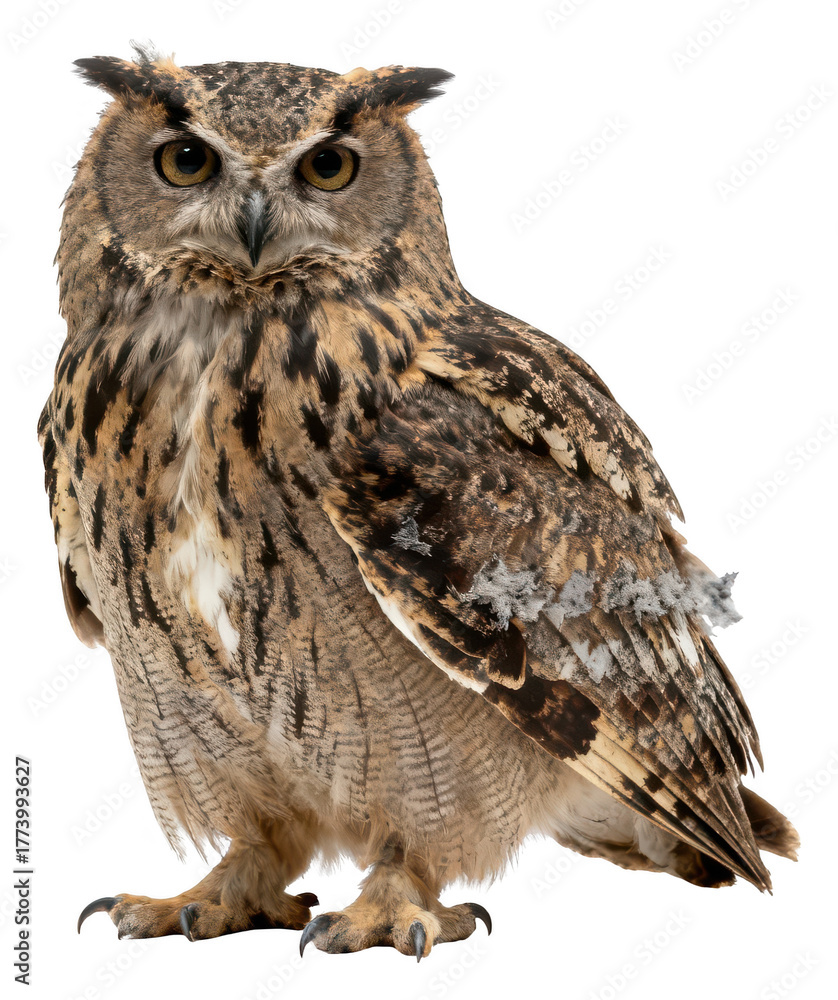 Naklejka premium Majestic Eagle Owl Standing Tall Isolated on White