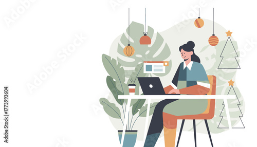 Remote work professional using laptop in a cozy modern office decorated for the Christmas holidays