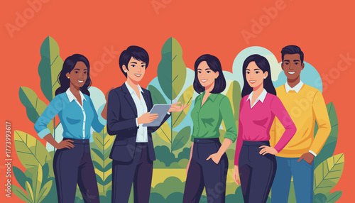 Diverse business team collaborating with tablet in a lush vibrant environment Teamwork and leadership