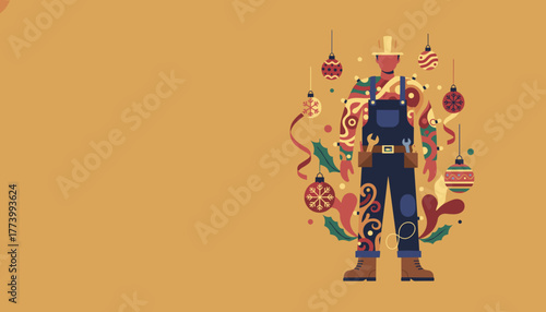 Handyman in work clothes and hard hat surrounded by festive Christmas ornaments Holiday labor vector illustration