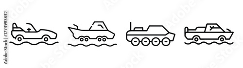 Diverse amphibious vehicles ready for water and land exploration scenes
