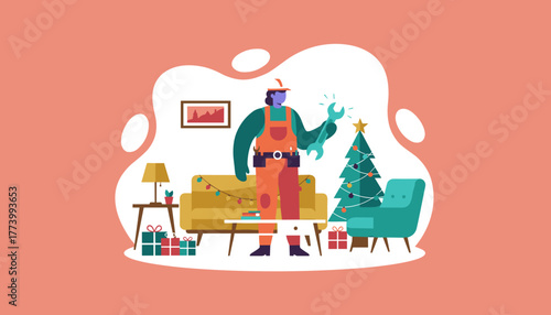 Professional worker holds a glowing wrench in a festive living room near a Christmas tree