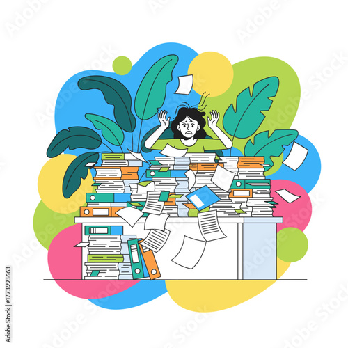 Stressed worker buried under massive paperwork pile overload stress and office chaos concept