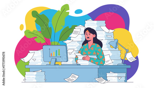 Woman overwhelmed by excessive paperwork and office work overload experiencing stress and burnout