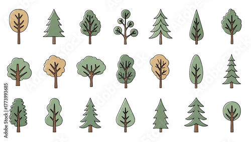 Collection of stylized evergreen and deciduous trees in various simple designs