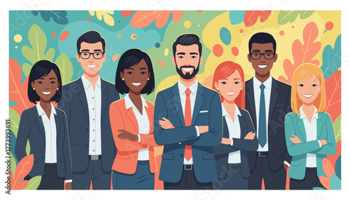 Diverse business team illustration showing success teamwork and professional confidence