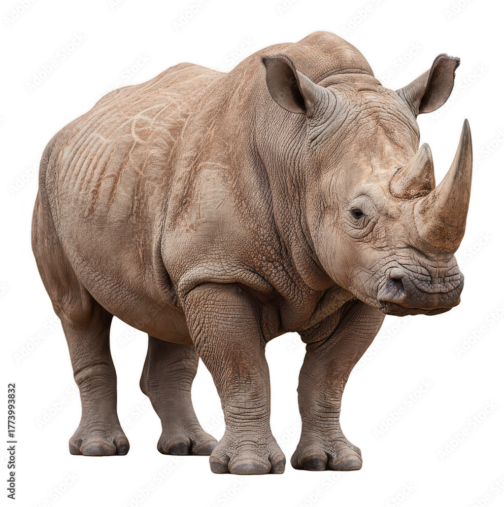 Obraz premium Majestic white rhinoceros standing isolated on white background, full body shot, powerful animal, wildlife conservation, safari theme, neutral tones,