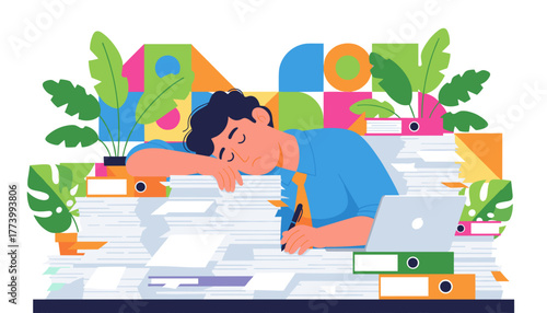 Burnout Tired worker sleeps on a massive pile of office paperwork and documents