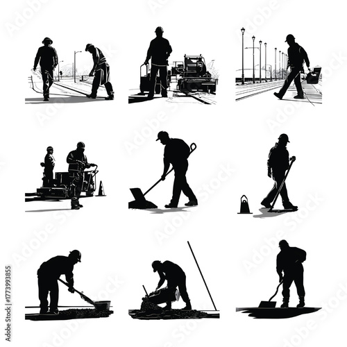 Silhouetted construction workers repairing roads and infrastructure in various poses