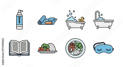 Flat icons of relaxation and self-care essentials for wellness and lifestyle