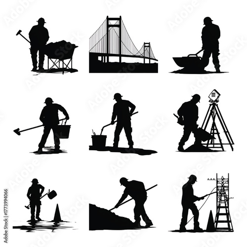 Construction workers silhouettes performing various tasks with bridge background