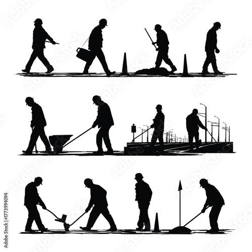 Silhouette of construction workers performing various tasks