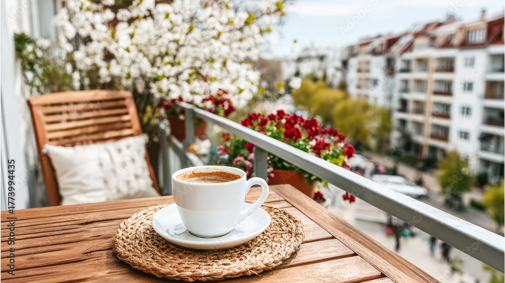 Naklejka premium White coffee cup on a wooden table, enjoying a spring morning on a balcony with city buildings and blooming trees in the background