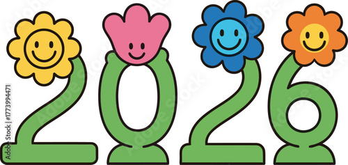Happy smiley face flowers form the year 2026 in a cheerful and colorful illustration