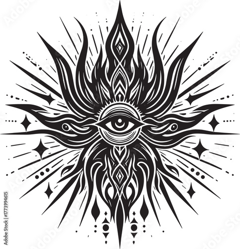Intricate Black and White Mystical Eye Symbol Design with Orname