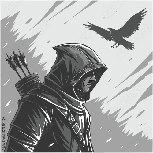 Dark Fantasy Ranger or Rogue Profile with Bow, Arrows, and Flying Bird - Vector Art