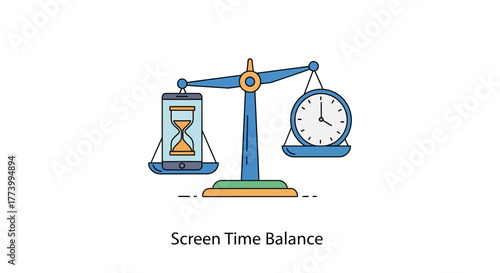 Balancing digital time: weighing screen usage with traditional clock in flat design