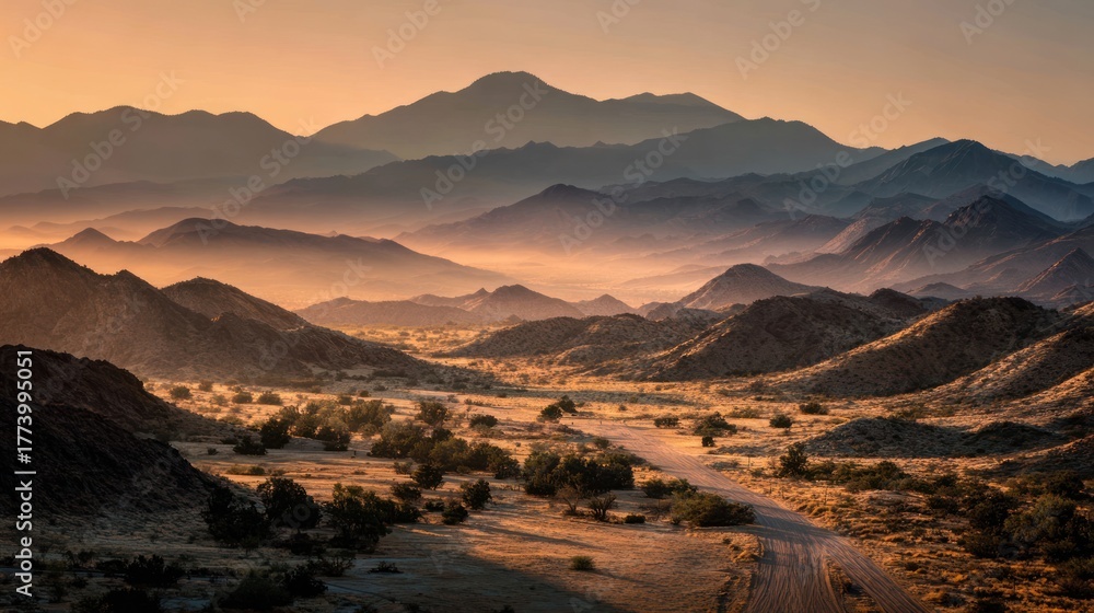 Naklejka premium Majestic mountain range during a warm, golden sunrise with a road winding through the valley