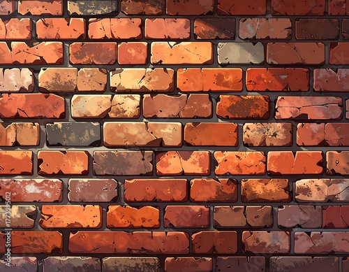 A cartoon styled brick wall with varying red, orange, and brown tones in sunlight