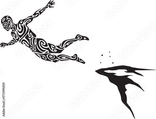 Tribal pattern skydiver leaping from a cliff silhouette vector i