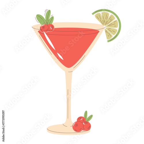 Classic Cosmopolitan cocktail vector illustration. Elegant pink red drink in a coupe glass, garnished with fresh cranberries and a lime slice in a stylish hand drawn flat design.