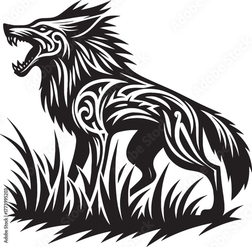 Intricate Black and White Wolf Silhouette with Tribal Art in Gra