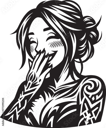 A vector illustration of a laughing woman with tattoos, a happy