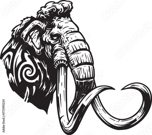 Illustrative depiction of a mammoth head with ornate tusk detail