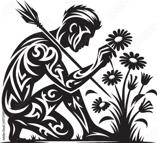 Silhouette of a Warrior Adoring Flowers: A Symbolic Representati