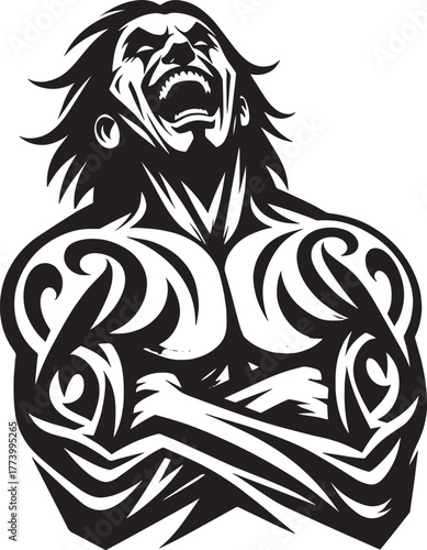 Illustration of a powerful, muscular man with tattoos, expressin