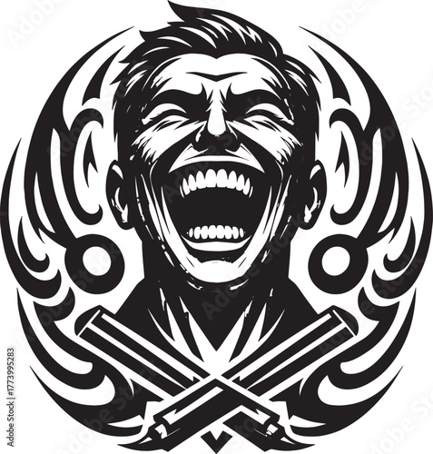 Vector illustration of a laughing man with tribal design and cro