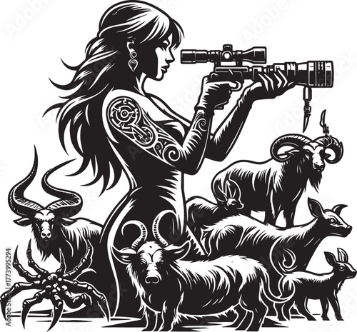Mystical Woman with Rifle and Zodiac Animals: A Symbolic Black a