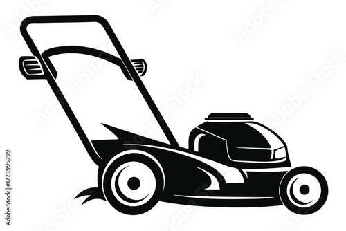 electric lawn mower black and white silhouette on white background